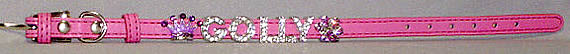 A pink charm collar with charms and the name Golly.
