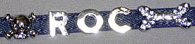 The denim charm collar with skull and bone charms and the name Roc in plain silver letters.