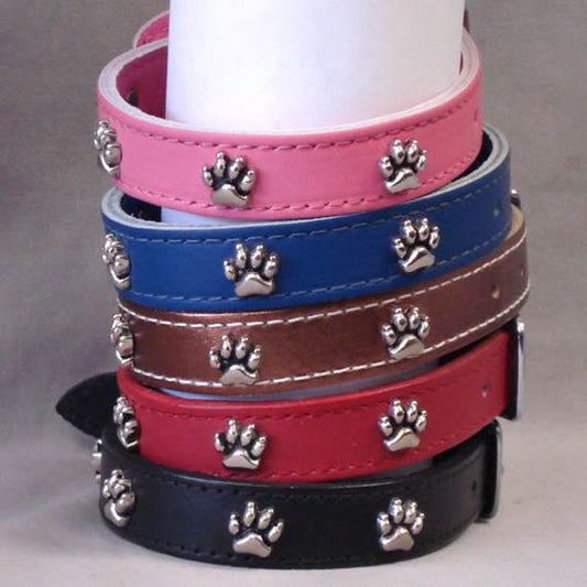 Stack of Paw Print Ornament Collars in Pink, Blue, Bronze, Red, and Black.