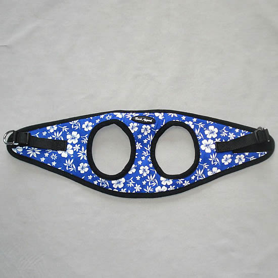 The blue Hibiscus EZ Wrap harness open and shown flat.