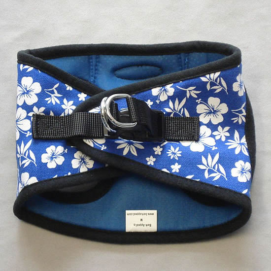 Top view of the blue Hibiscus EZ Wrap Harness without a dog.