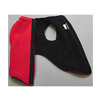 The Fleece vest laid open, showing the red fleece exterior and black interior, as well as the hook-and-loop closure.