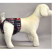 A white dog mannequin  showing the side of the Hygienic Panty in Rush Plaid.