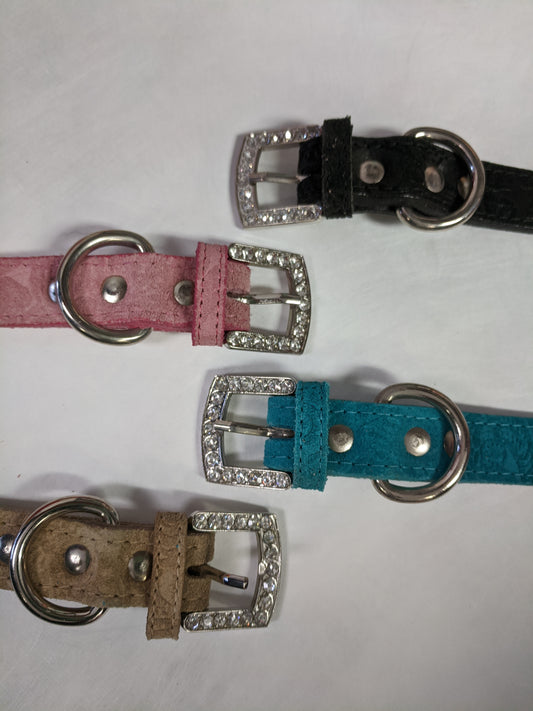 Embossed Suede Collars in Black, Pink, Turquoise, and Camel showing the buckle adorned with clear faceted stones.