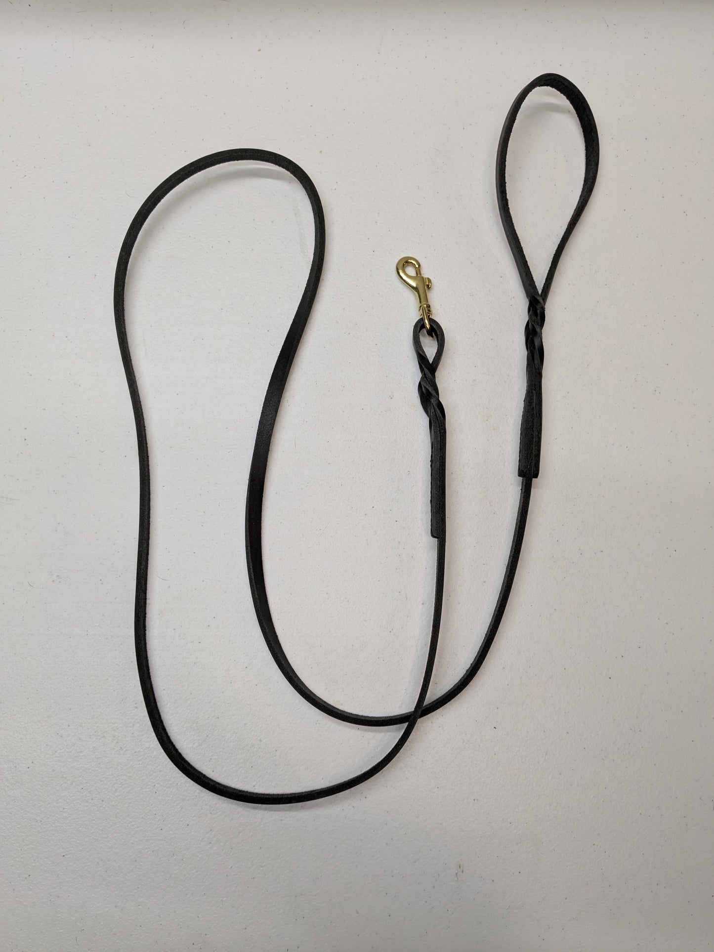 Black dog leash with a brass clasp on a white background