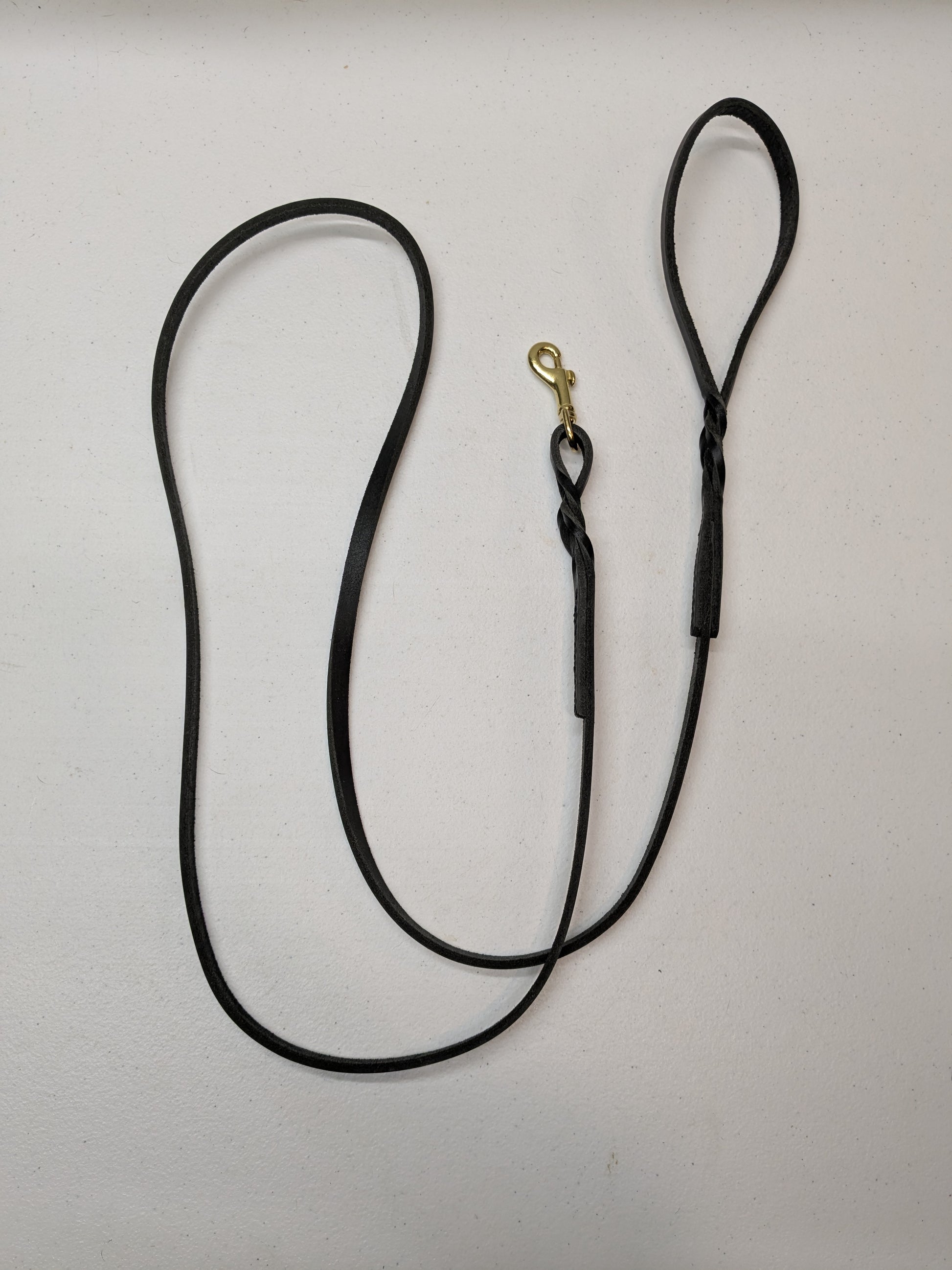 Black dog leash with a brass clasp on a white background
