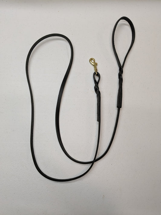 Black dog leash with a brass clasp on a white background