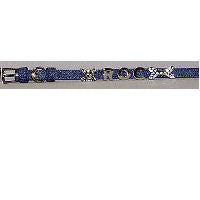 Denim dog collar with attached charms of a silver-color skull, the name "ROC," and a clear-stone silver bone.