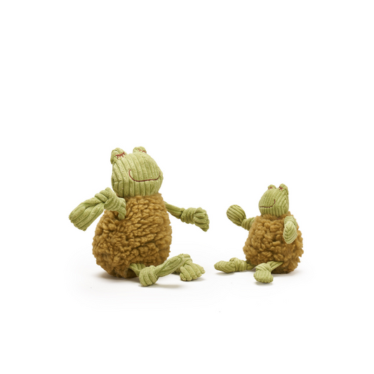 Two green plush frog dog toys on a white background